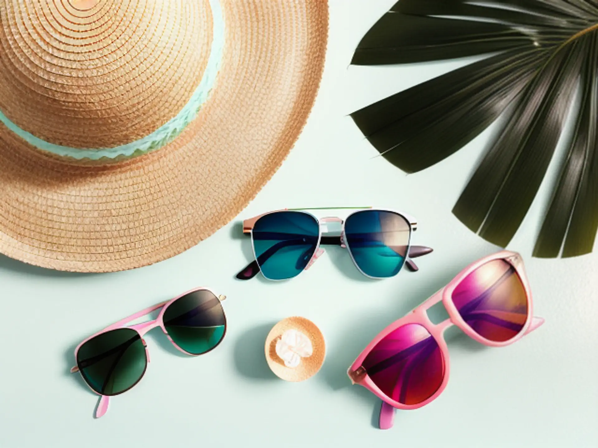 Zomerse accessoires met strandhoed, zonnebrillen en palmblad styling