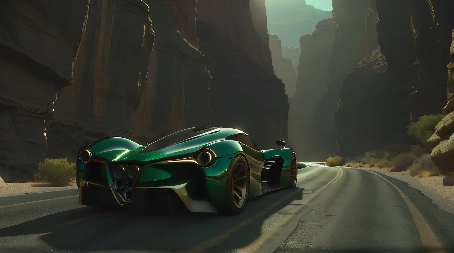 Smaragdgroene Hypercar in Majestueuze Canyon 4K Wallpaper