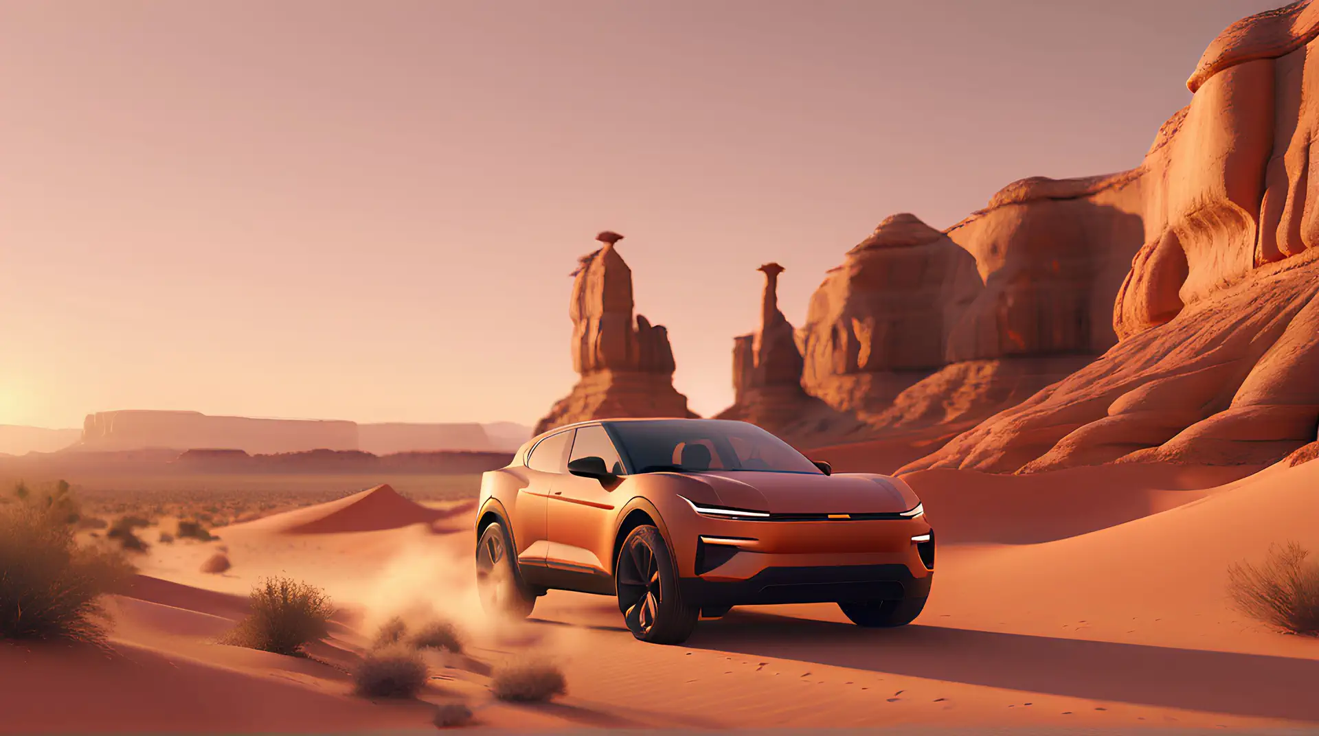 Oranje Elektrische SUV in Monument Valley Zonsondergang 4K Wallpaper