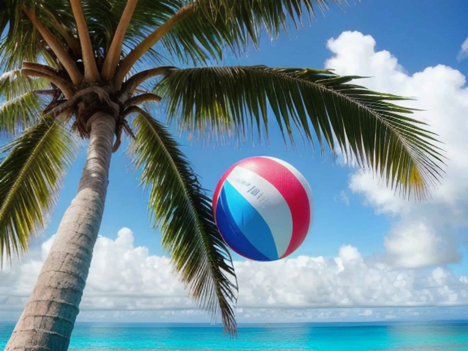 Strandbal bij palmboom aan tropische kust met turquoise zee