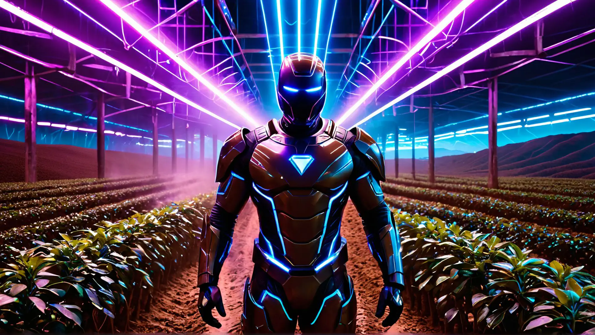 Futuristische robot in neonverlichte kas met hightech landbouwsysteem