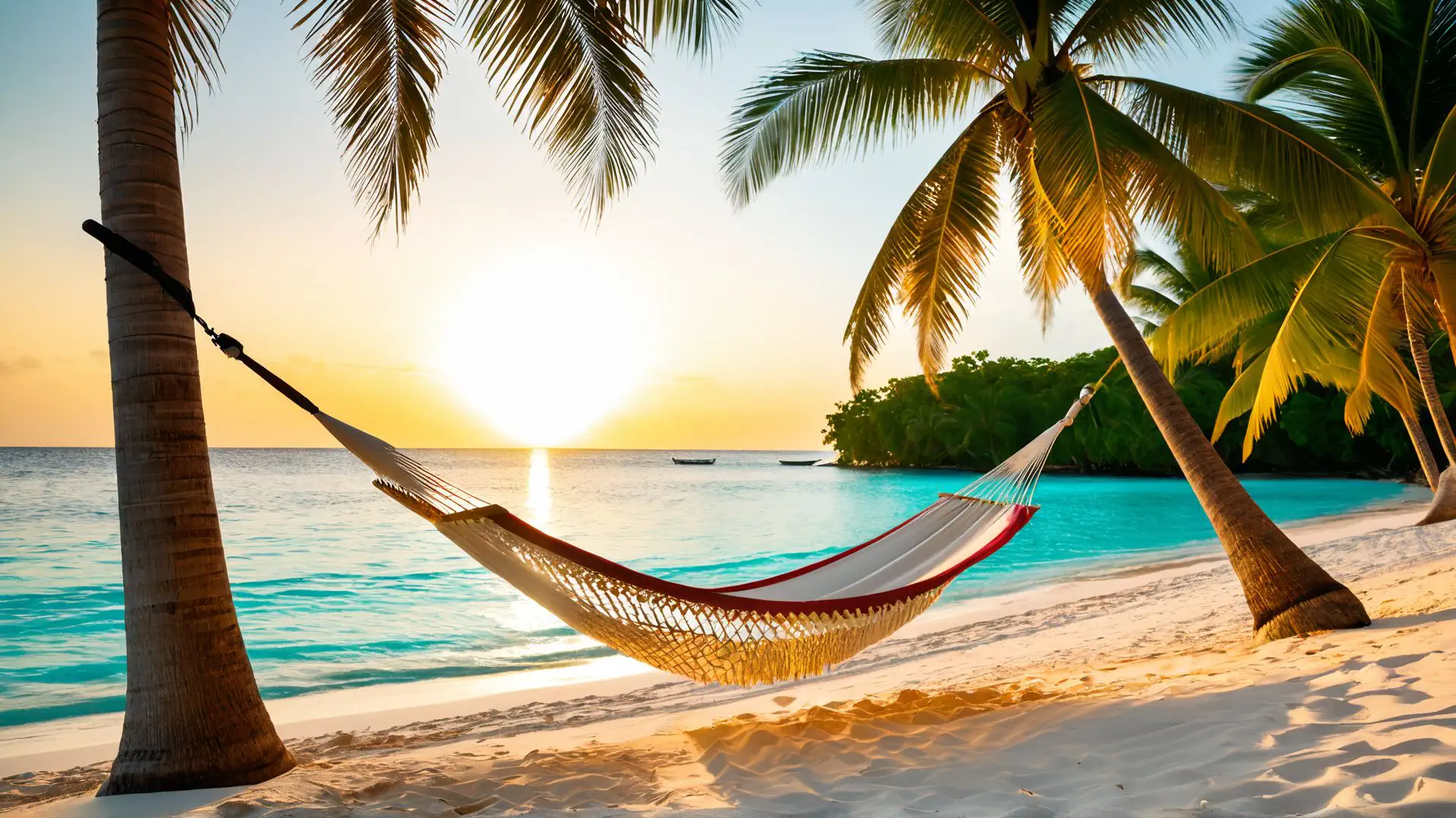 Tropische hangmat bij zonsondergang op paradijselijk strand Malediven