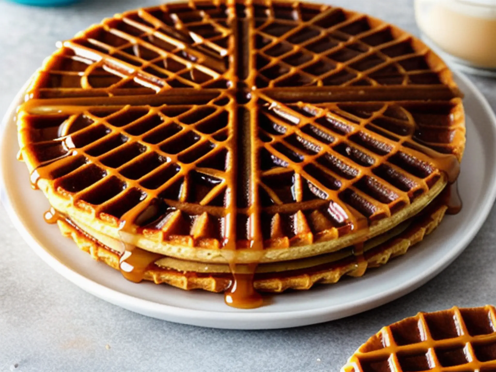 Versgebakken stroopwafels met traditioneel ruitpatroon en gouden