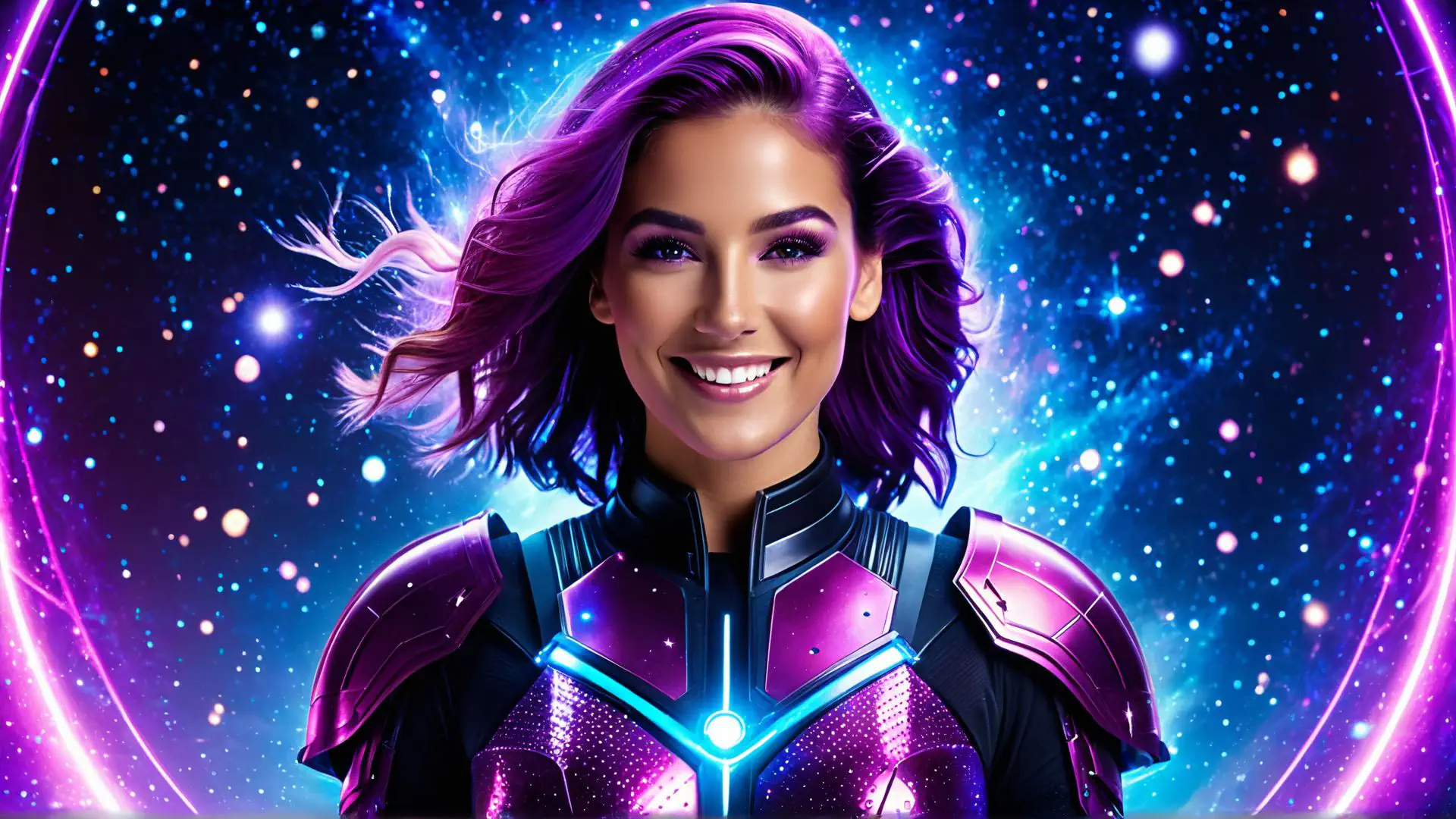 Futuristisch neon superheld portret met paars haar
