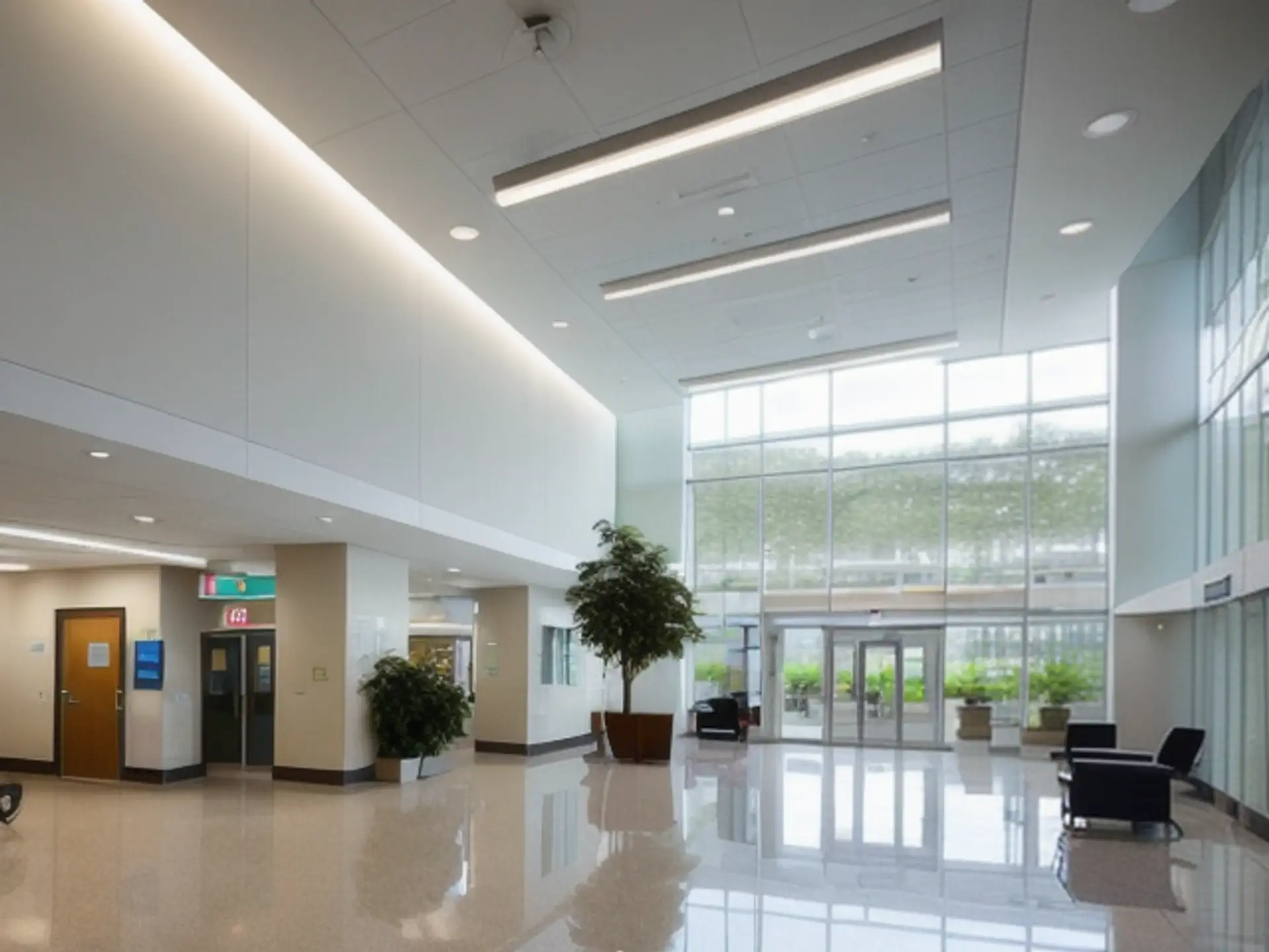 Moderne bedrijfshal met glazen entree en natuurlijke lichtinval