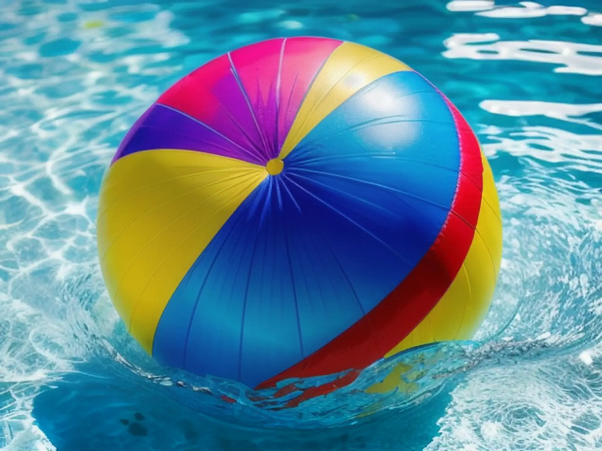 Kleurrijke strandbal drijvend in sprankelend zwembadwater op zomerdag