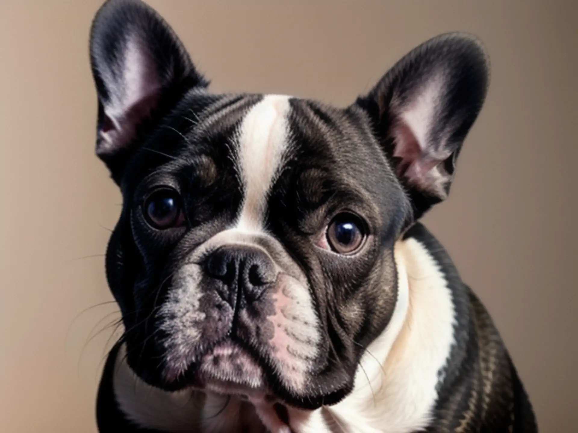 Portret Franse Bulldog zwart-wit close-up met karakteristieke blik