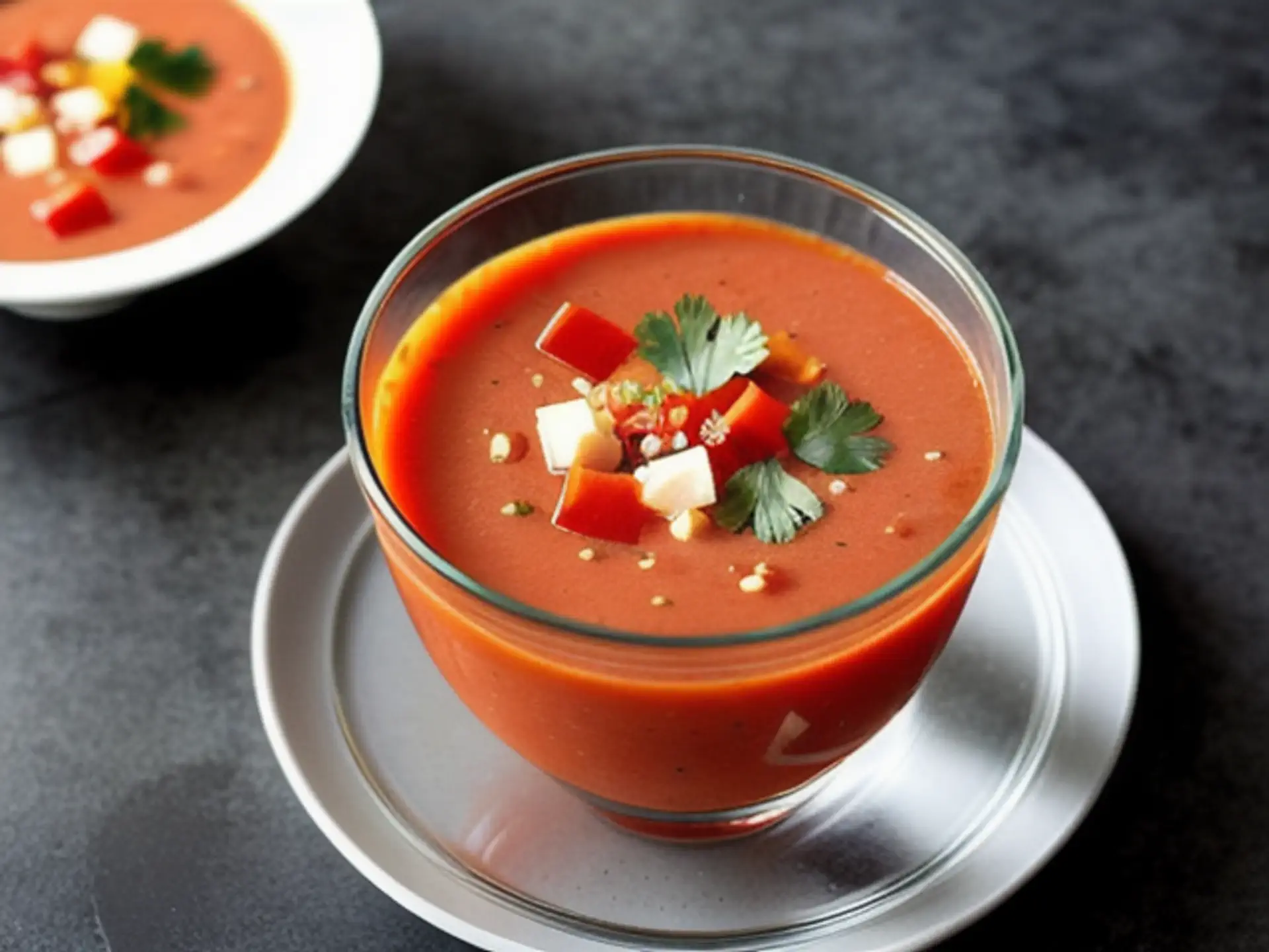 Verfrissende Spaanse gazpacho soep met garnituur in glazen kom