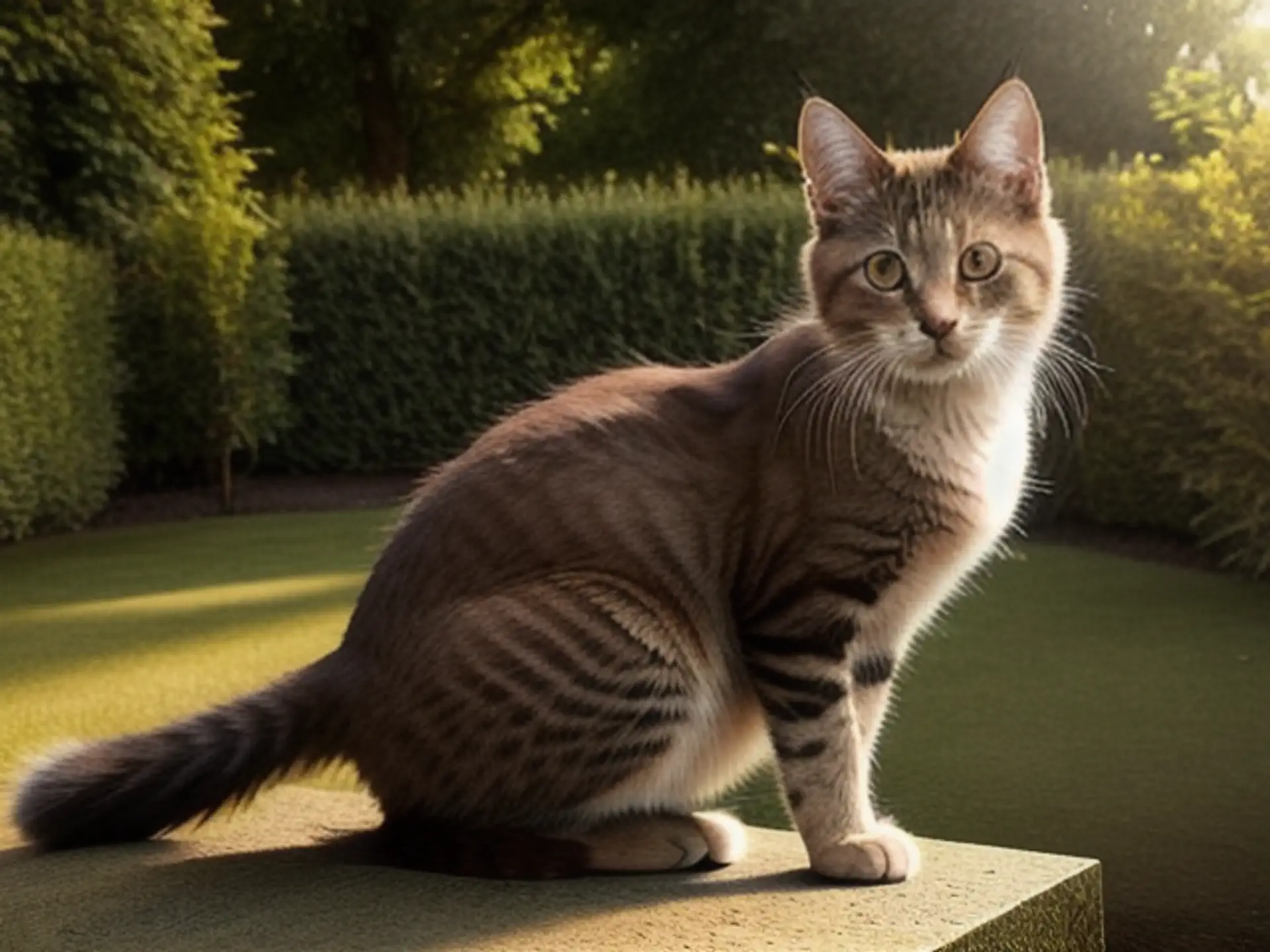 Gestreepte kat in zonnige tuin met groene heg op achtergrond