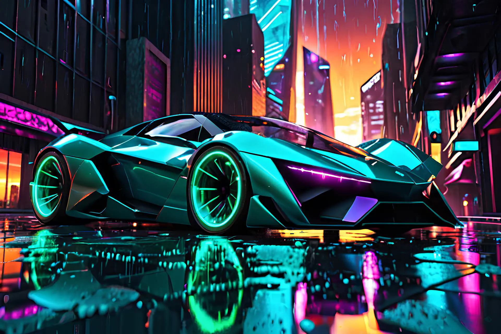 Turquoise Sportwagen met Neon Wielverlichting in Cyberpunk Stad