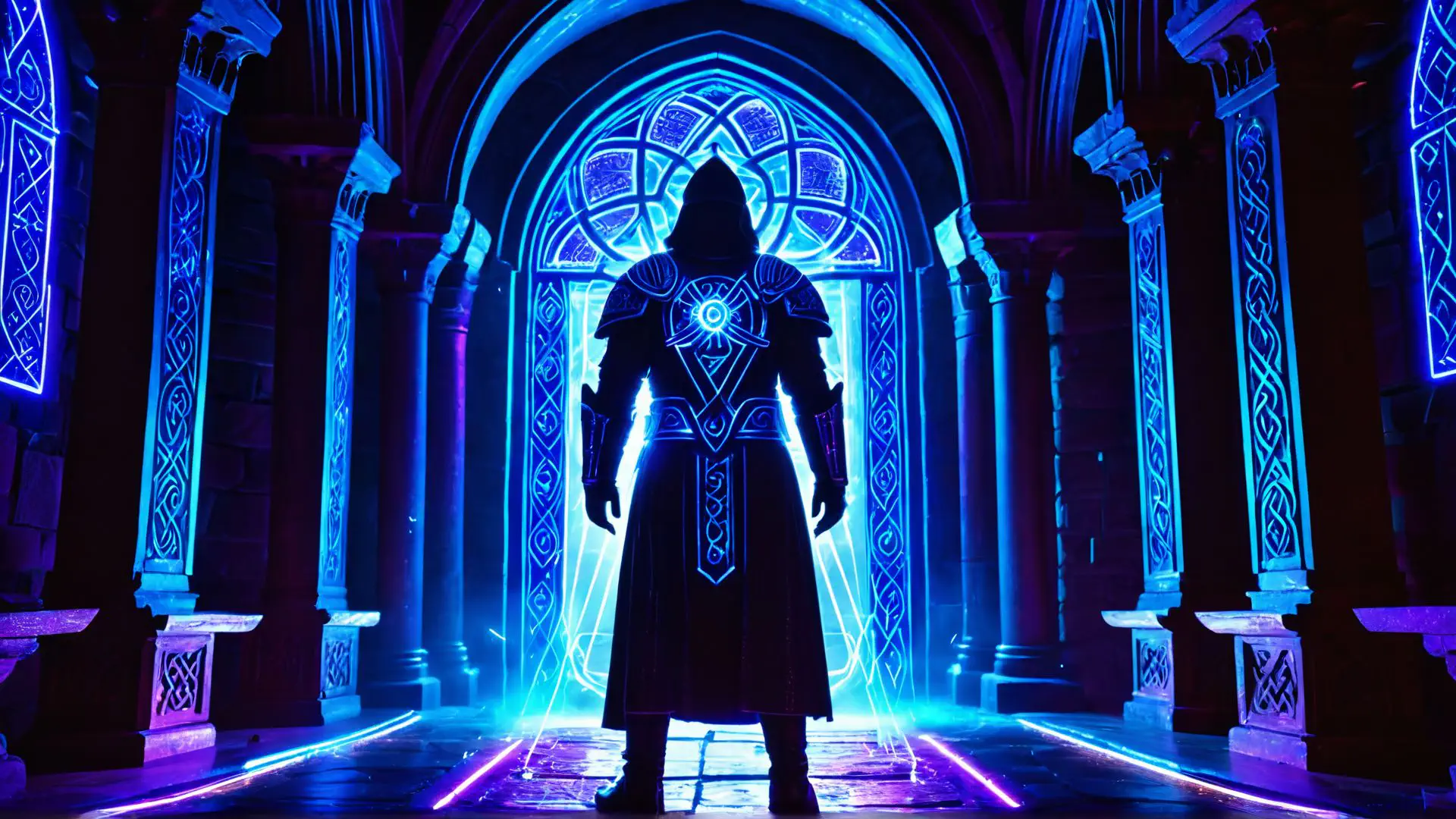 Mysterieuze krijger in neonverlichte gotische kathedraal
