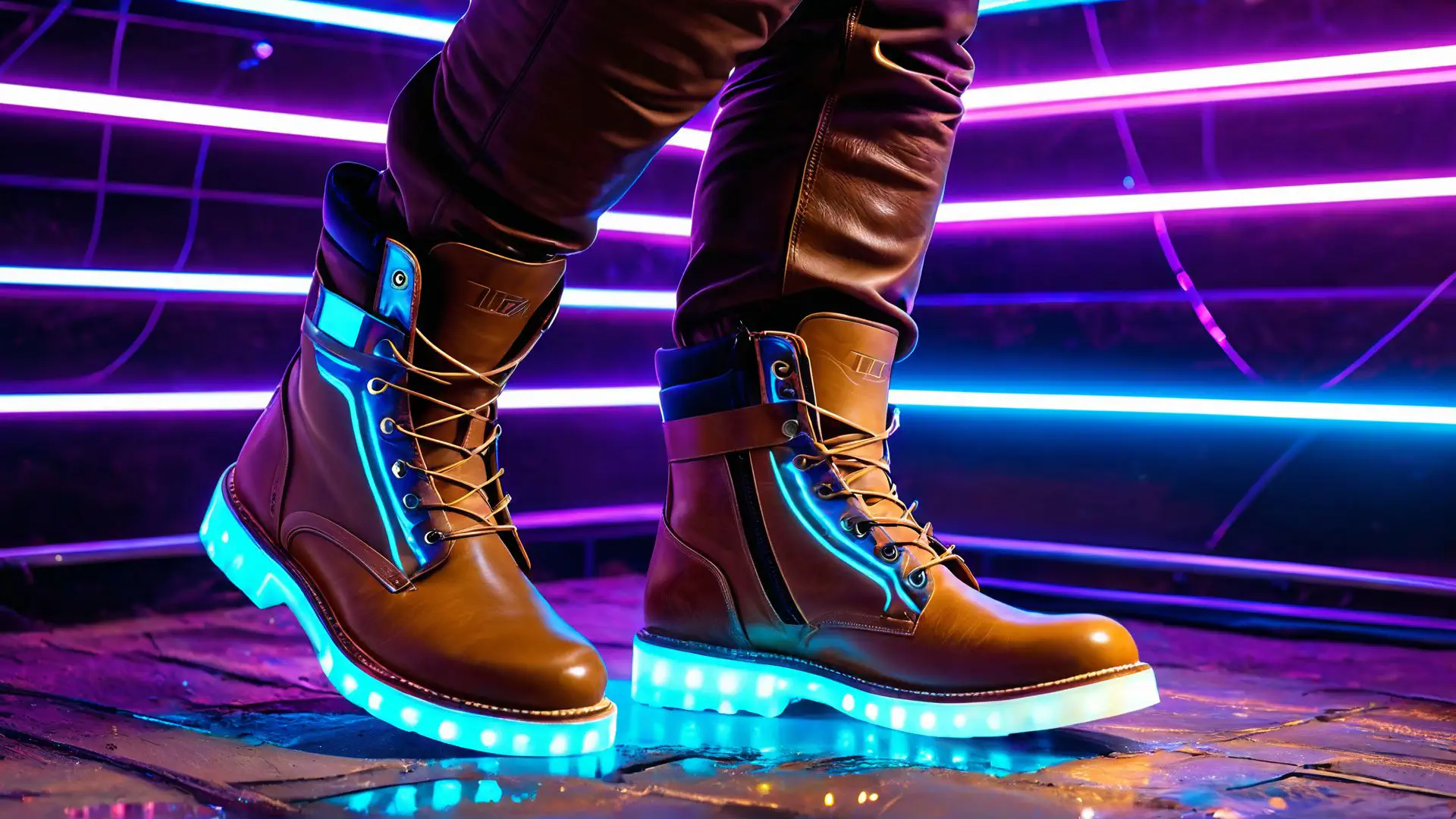 Futuristische leren laarzen met LED-verlichting in neon setting