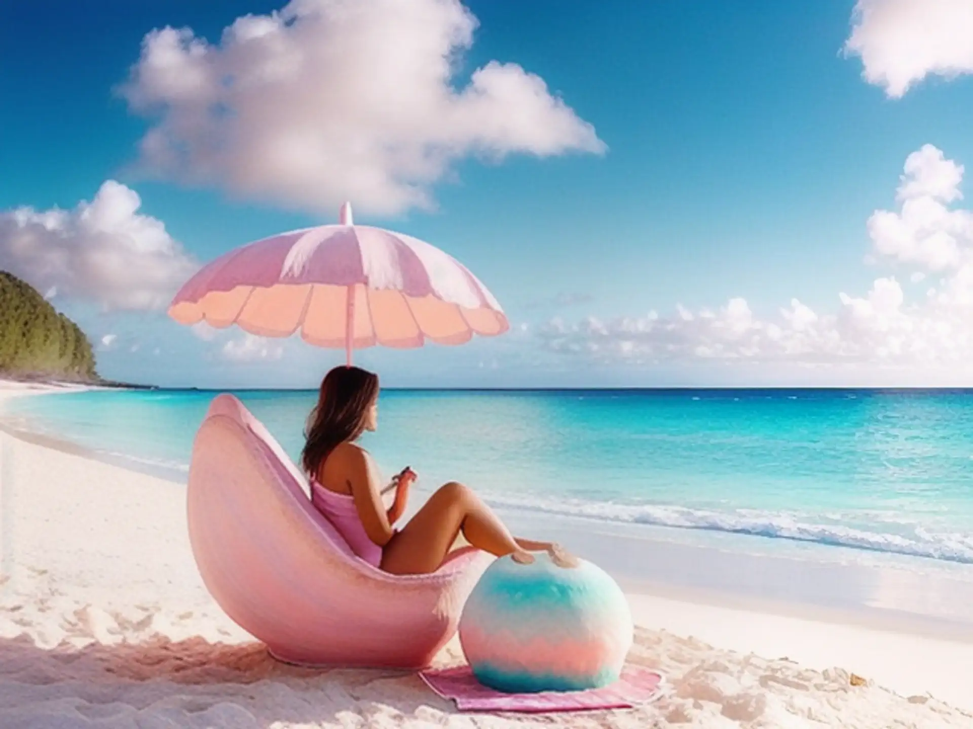 Tropische strandvakantie met roze parasol en luxe strandstoel