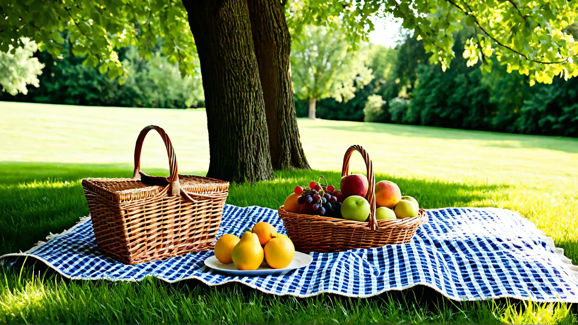 Zomerse picknick opstelling met rieten manden in natuurlijk