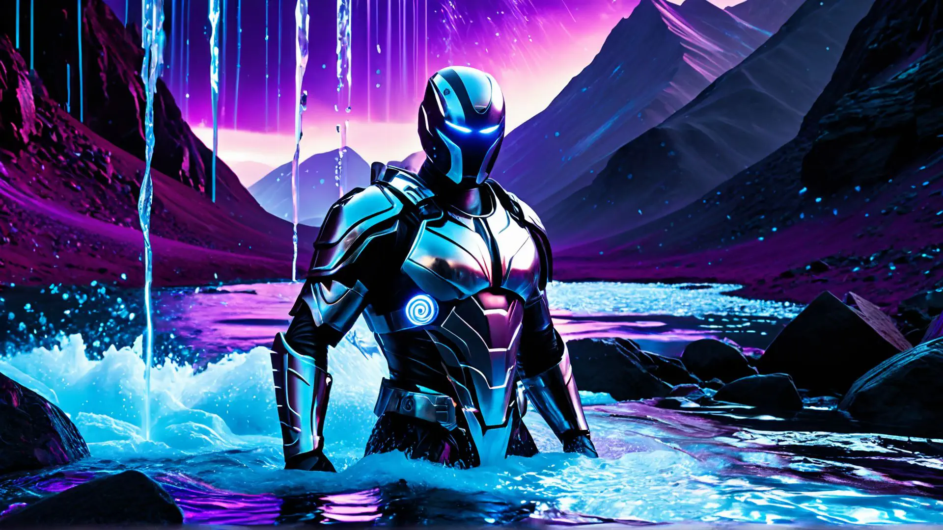 Futuristische robot in neonverlicht berglandschap met paarse hemel
