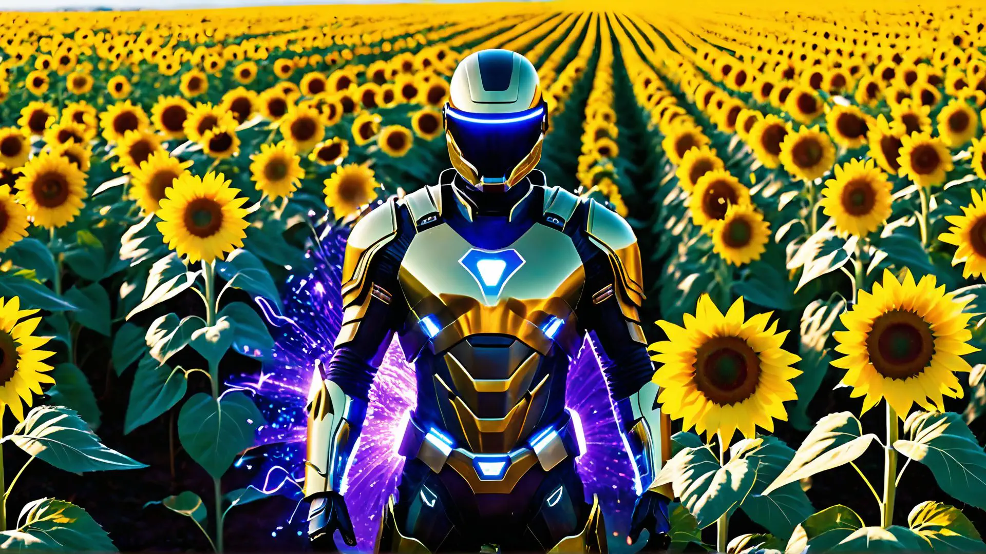 Futuristisch robotharnas tussen zonnebloemen met paarse energiestralen