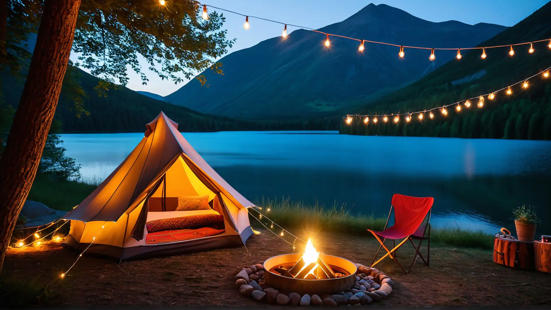 Luxe glamping aan bergmeer met verlichte tent en gezellig kampvuur