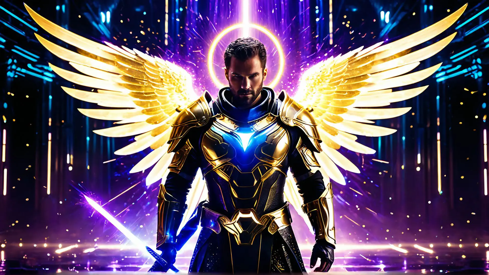 Epische fantasie krijger met gouden vleugels en magisch zwaard