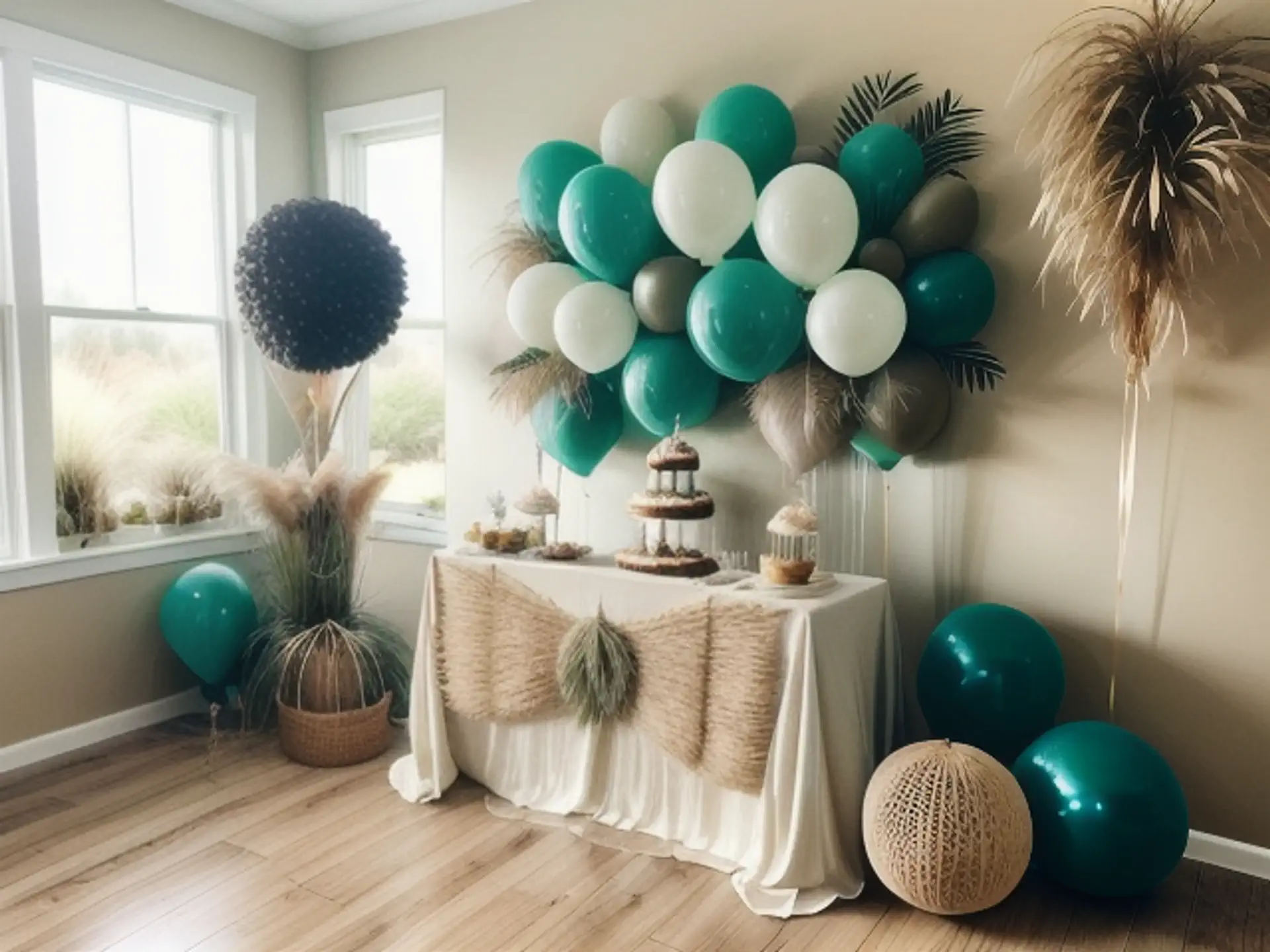 Moderne feestdecoratie met turquoise ballonnen en bohemian details