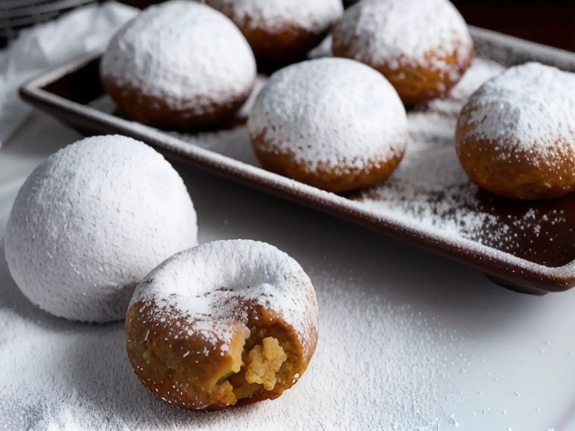 Versgebakken oliebollen met poedersuiker op serveerschaal close-up