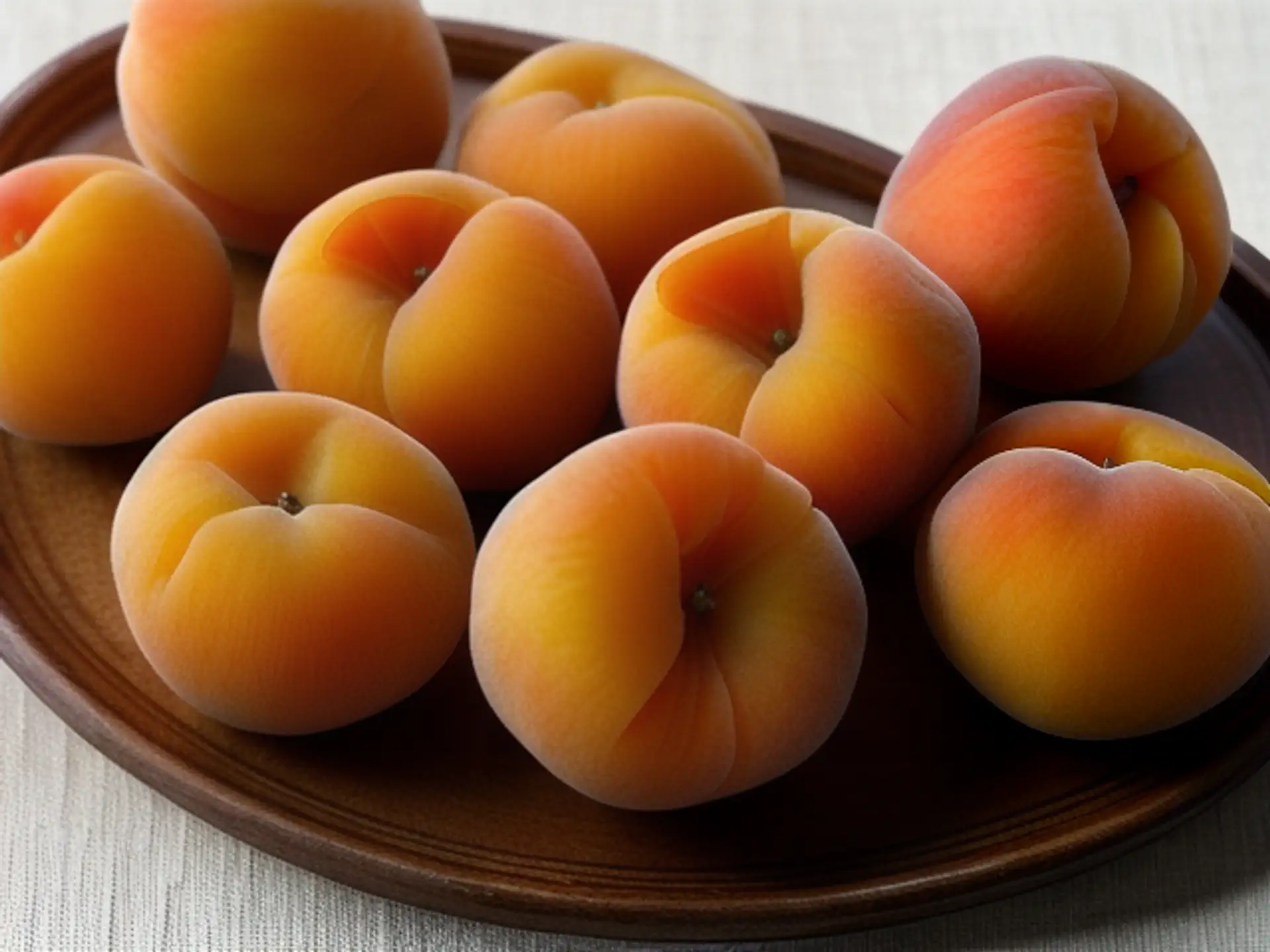 Verse sappige perziken op rustieke houten schaal - natuurlijk fruit