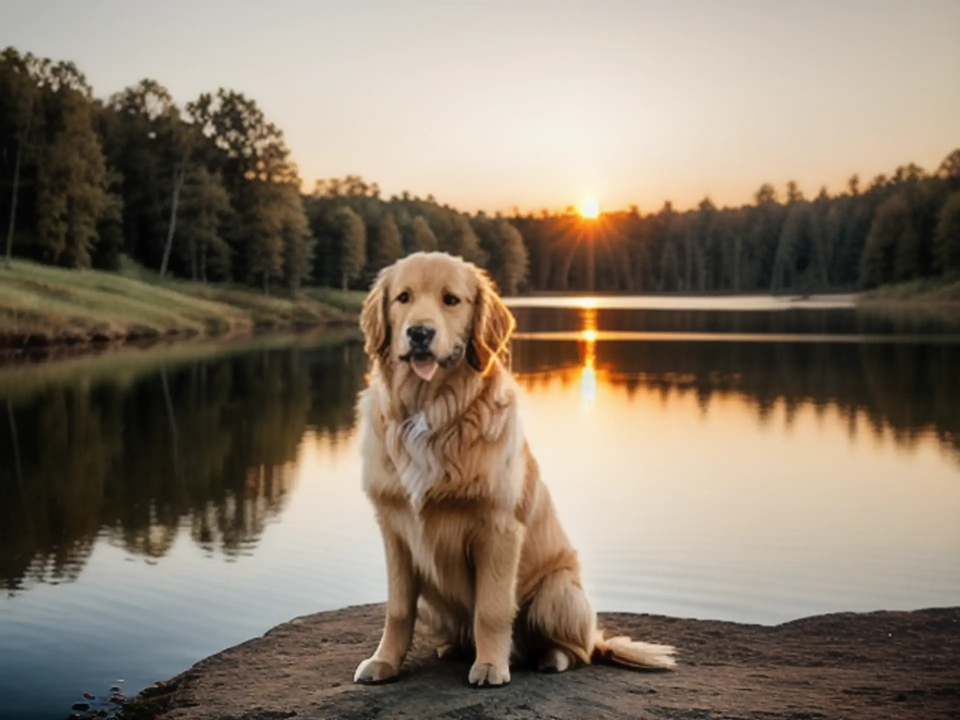 Golden Retriever bij zonsondergang aan bosmeertje in natuurgebied