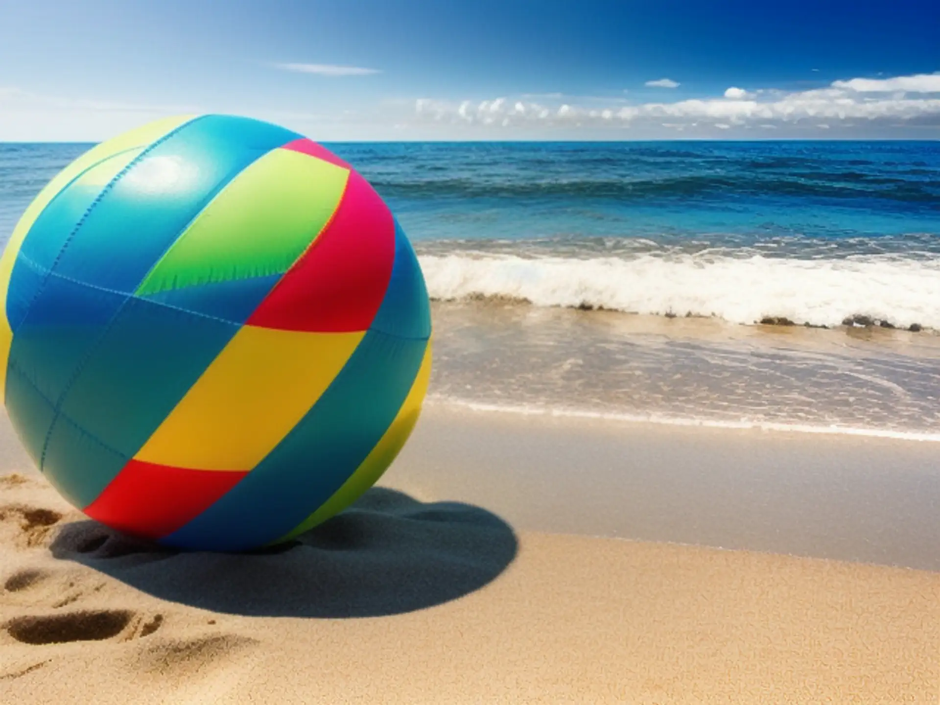 Kleurrijke strandbal op zonnig tropisch strand met azuurblauwe zee