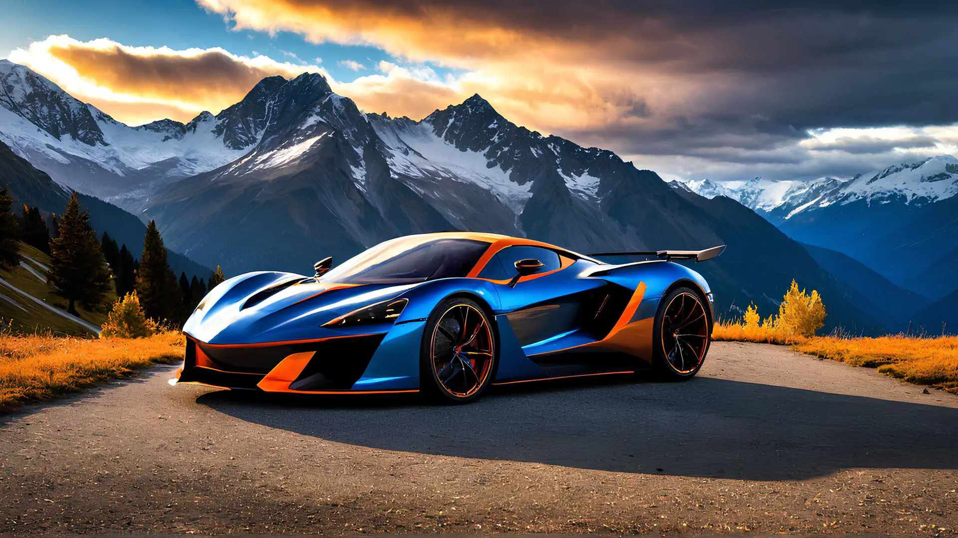 Blauwe Sportwagen met Oranje Accenten in Herfstbergen Wallpaper 4K