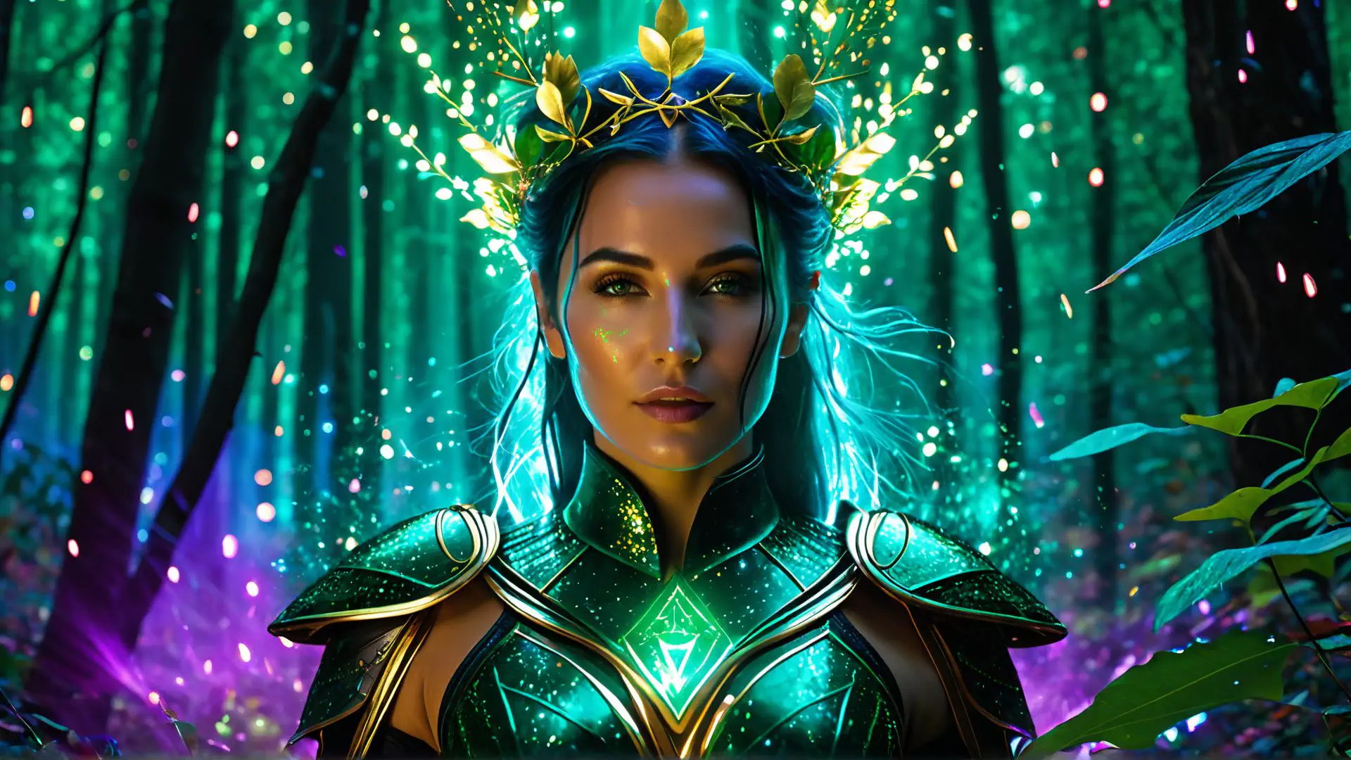Magische fantasie portret in betoverd turquoise woud met lichteffecten