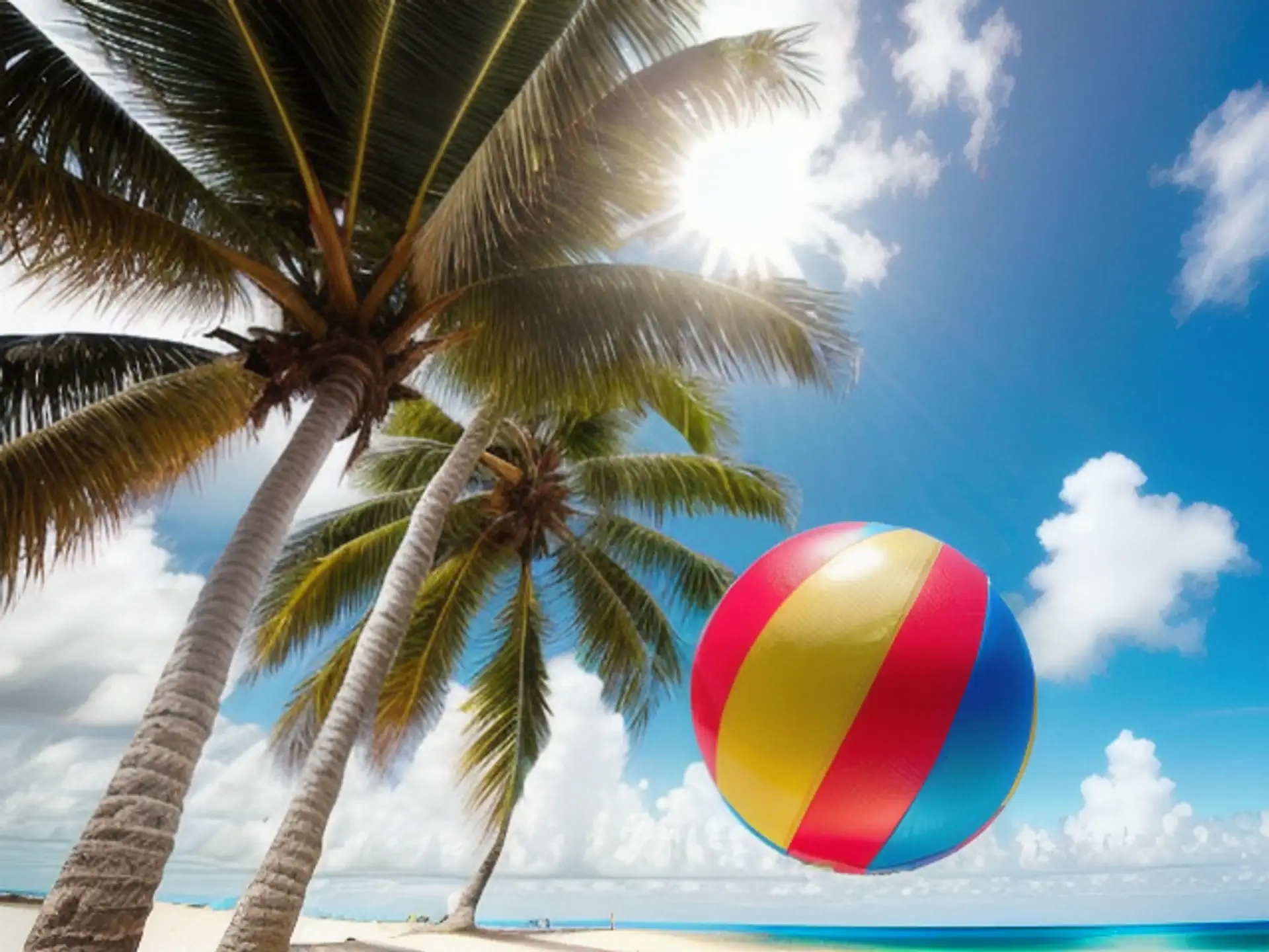 Kleurrijke strandbal bij palmbomen aan tropische kust met zonnig weer