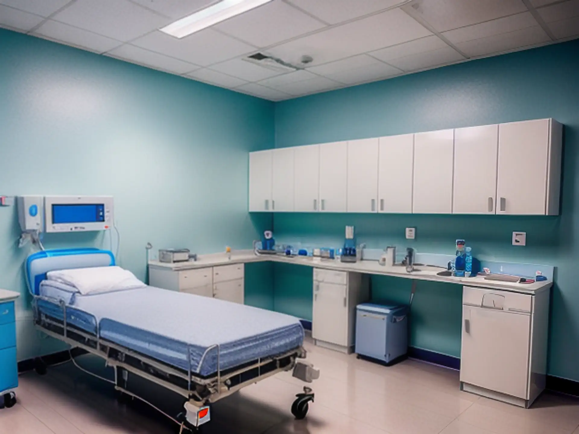 Moderne ziekenhuiskamer met behandelbed en medische apparatuur