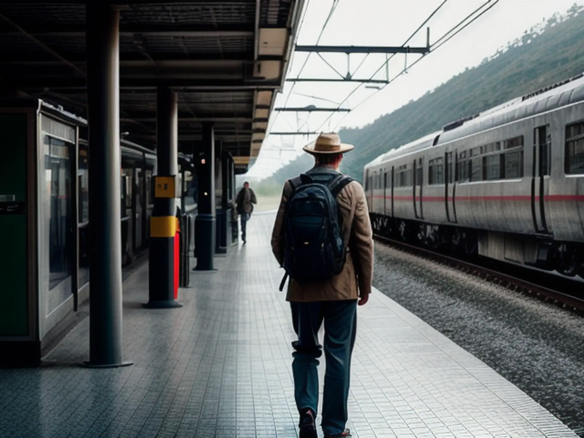 Reiziger wacht op trein tijdens mistige ochtend op verlaten perron