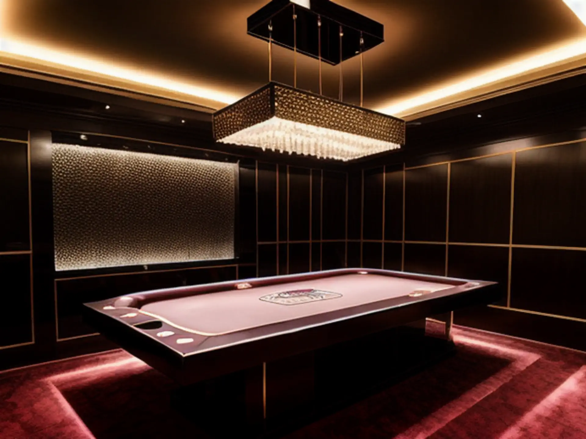 Luxe pokertafel met kristallen hanglamp in exclusieve speelkamer