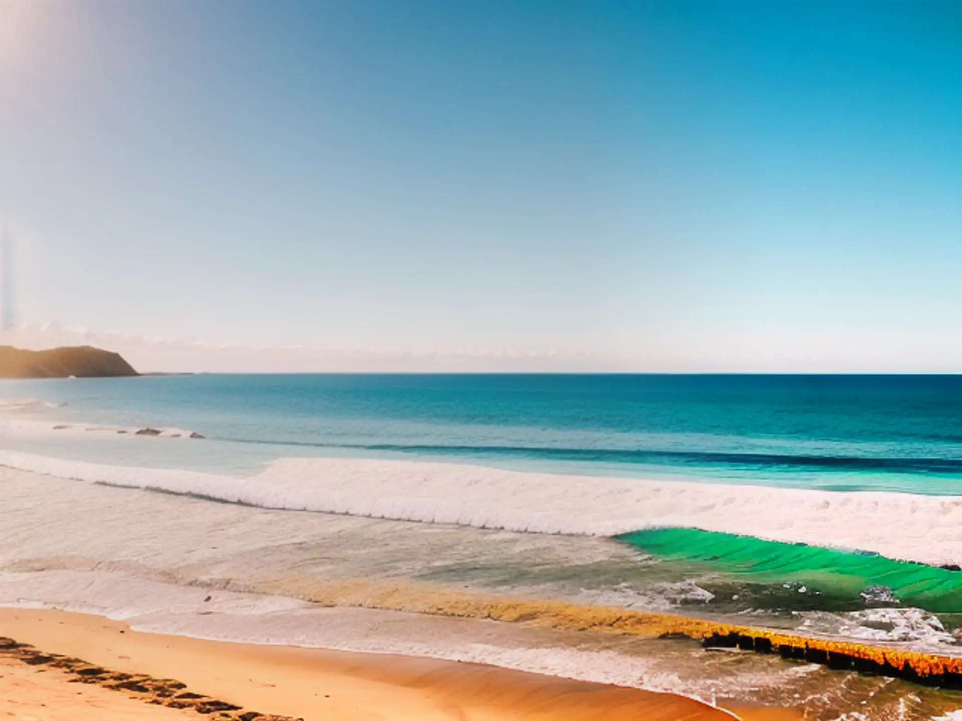Tropisch strand met turquoise zee en golvende branding bij zonsopgang