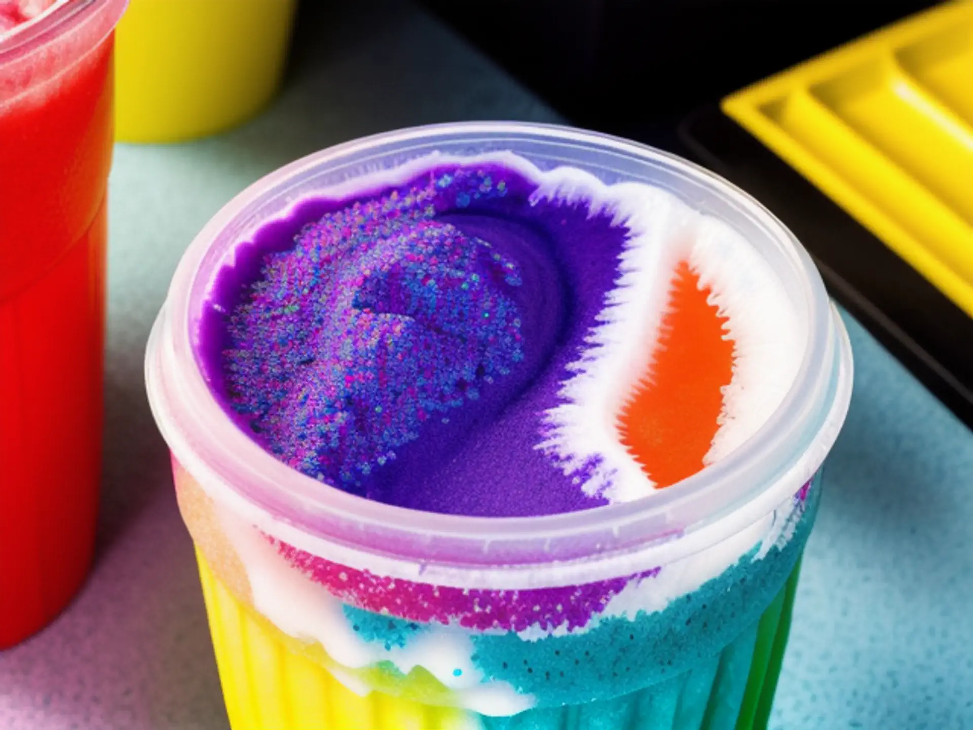 Kleurrijke regenboog smoothie met paarse swirl in transparante beker