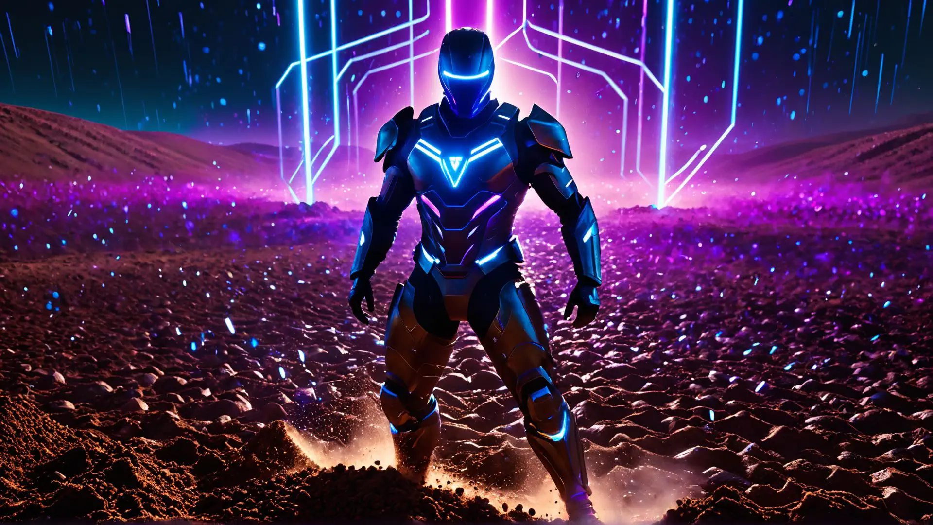 Futuristisch robotharnas in neon verlicht sciencefiction landschap