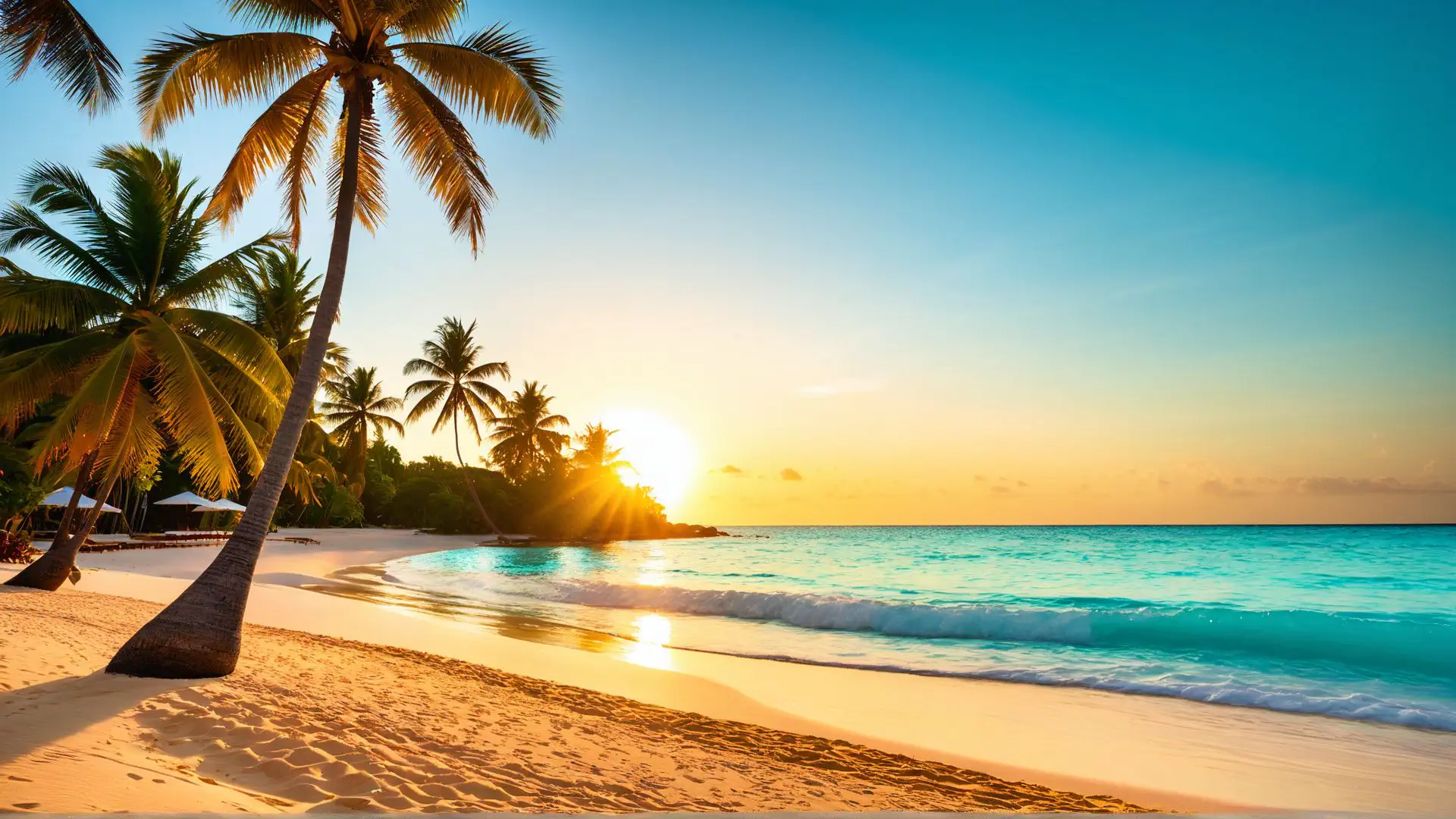 Paradijselijk tropisch strand met palmbomen tijdens gouden