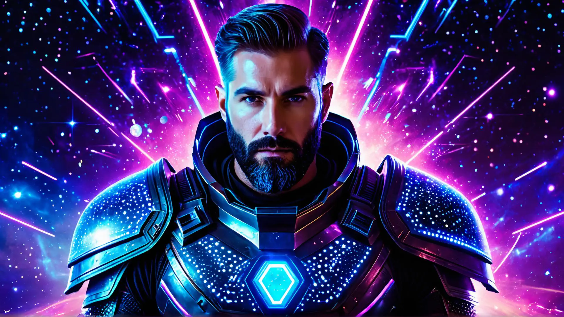 Futuristische sci-fi krijger in neon verlicht ruimtepak