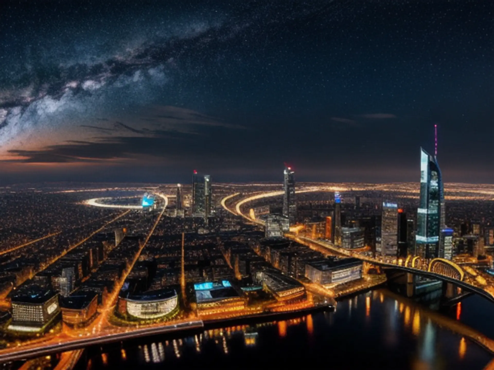 Stadspanorama bij nacht met sterrenhemel