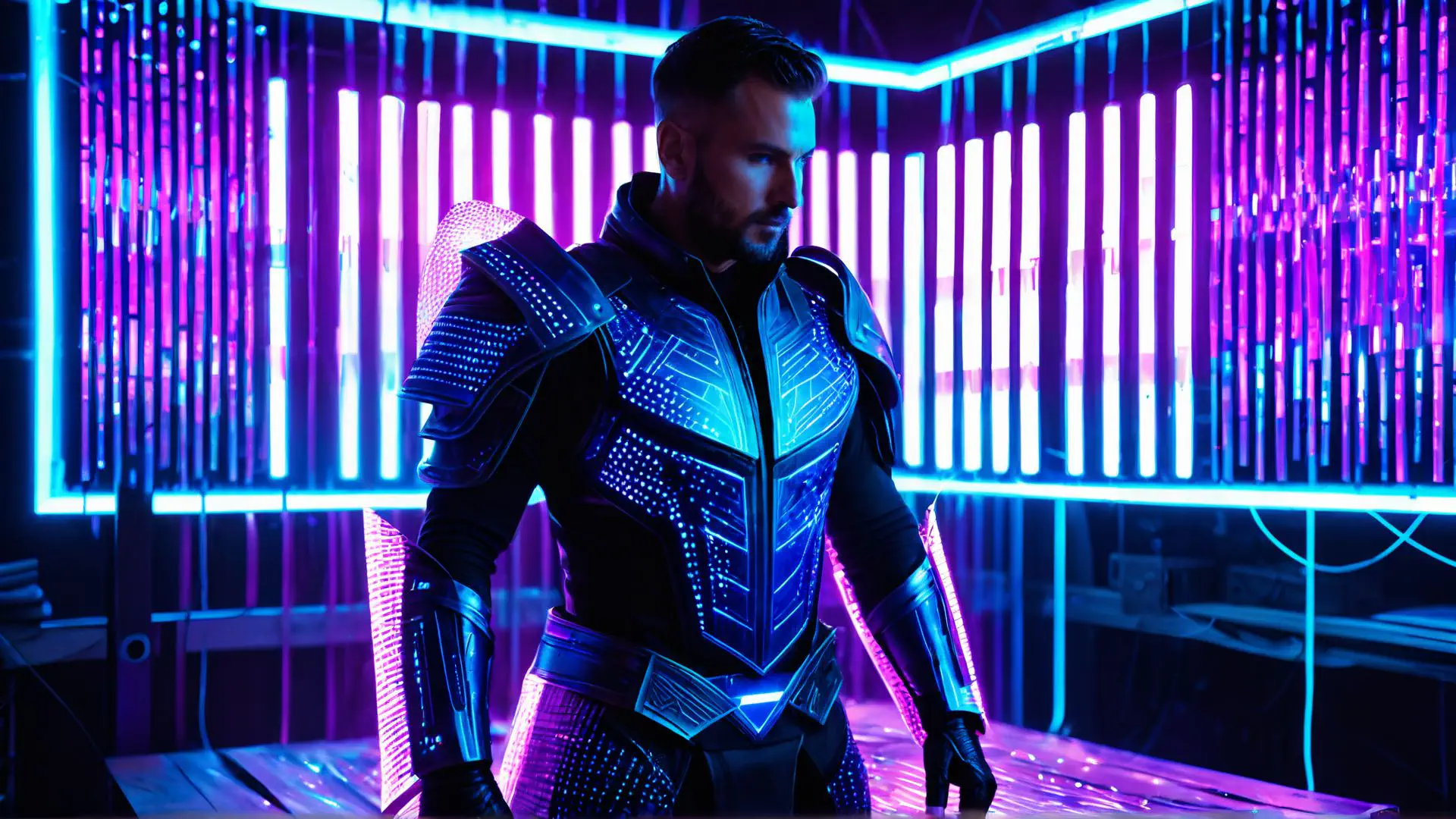 Futuristisch kostuum met neonverlichting in cyberpunk setting