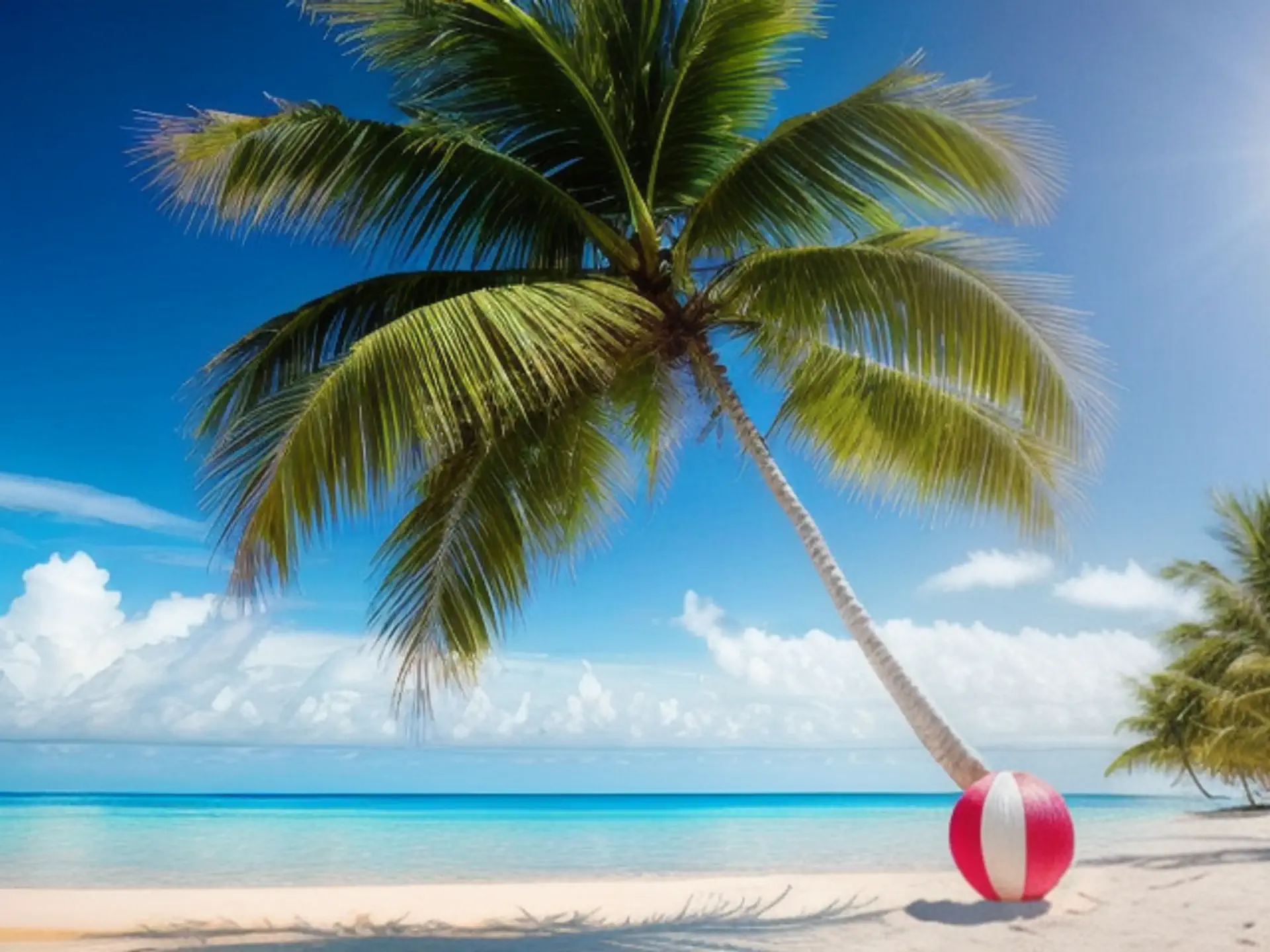 Tropisch paradijs met palmboom en strandbal op verlaten zandstrand