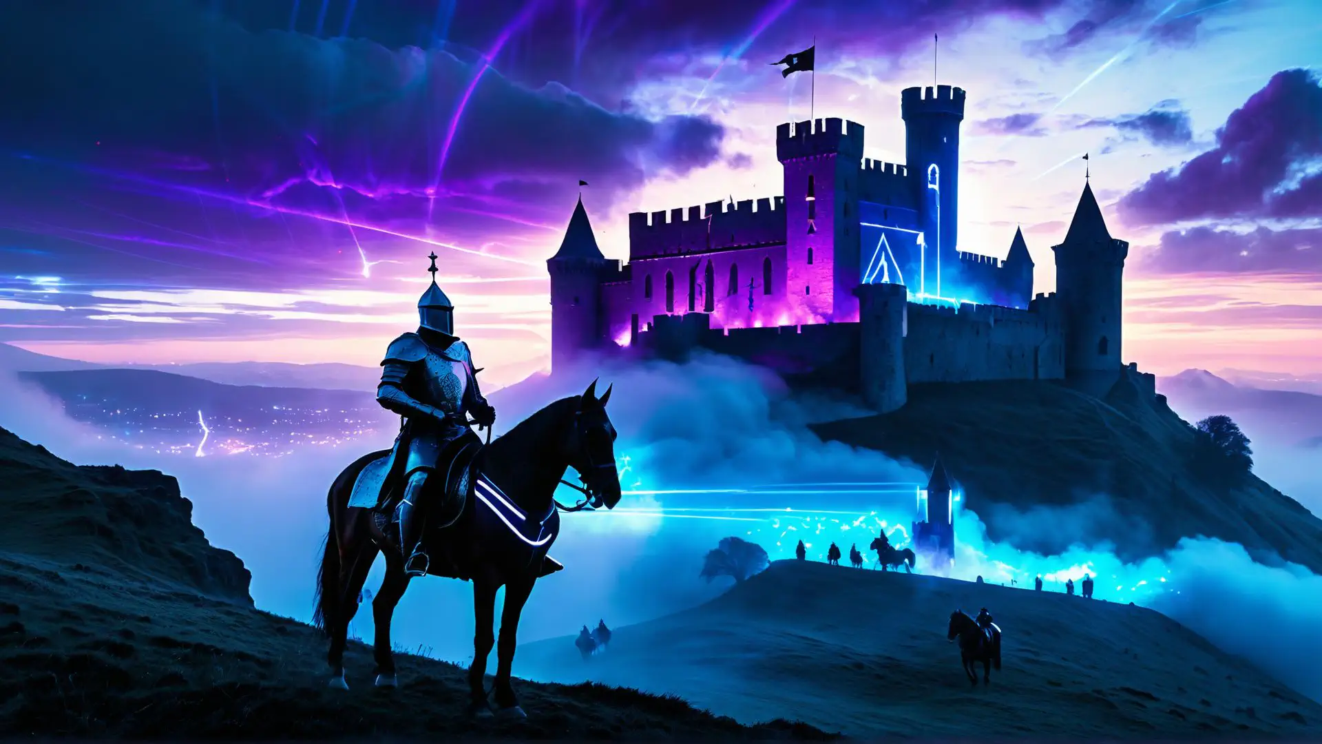 Mysterieus middeleeuws kasteel in neonlicht met ridder te paard