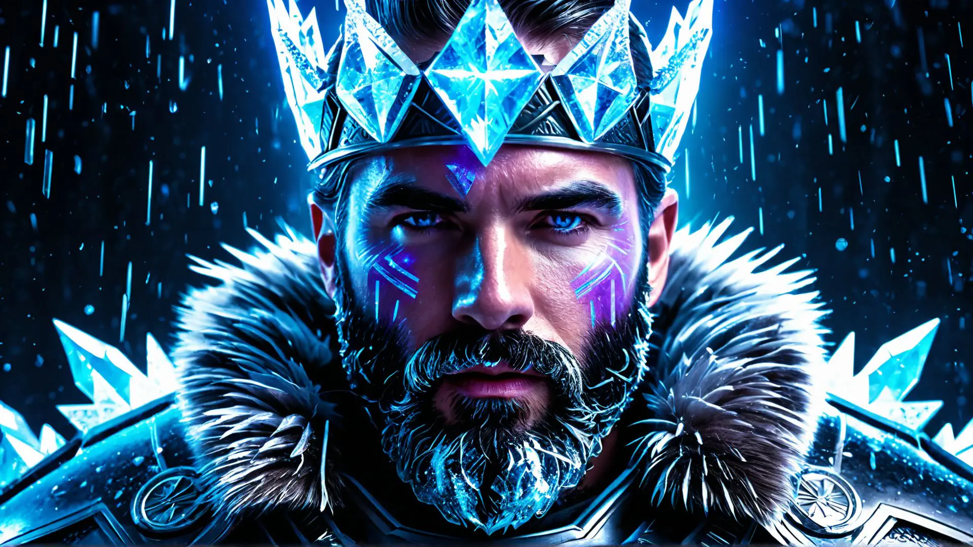 Magische ijskoning met kristallen kroon in neonblauwe fantasy-setting