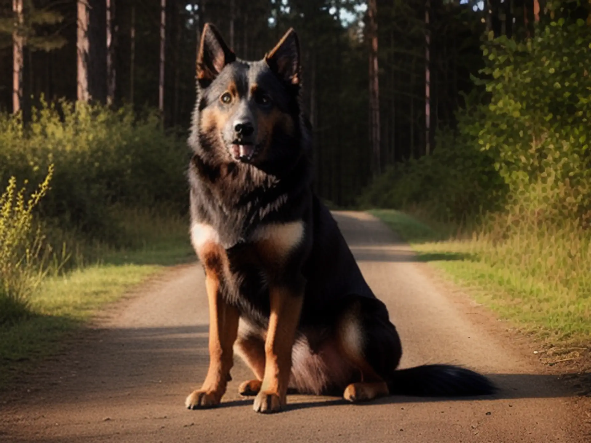 Trotse Duitse herder poseert op bospad tijdens gouden uurtje