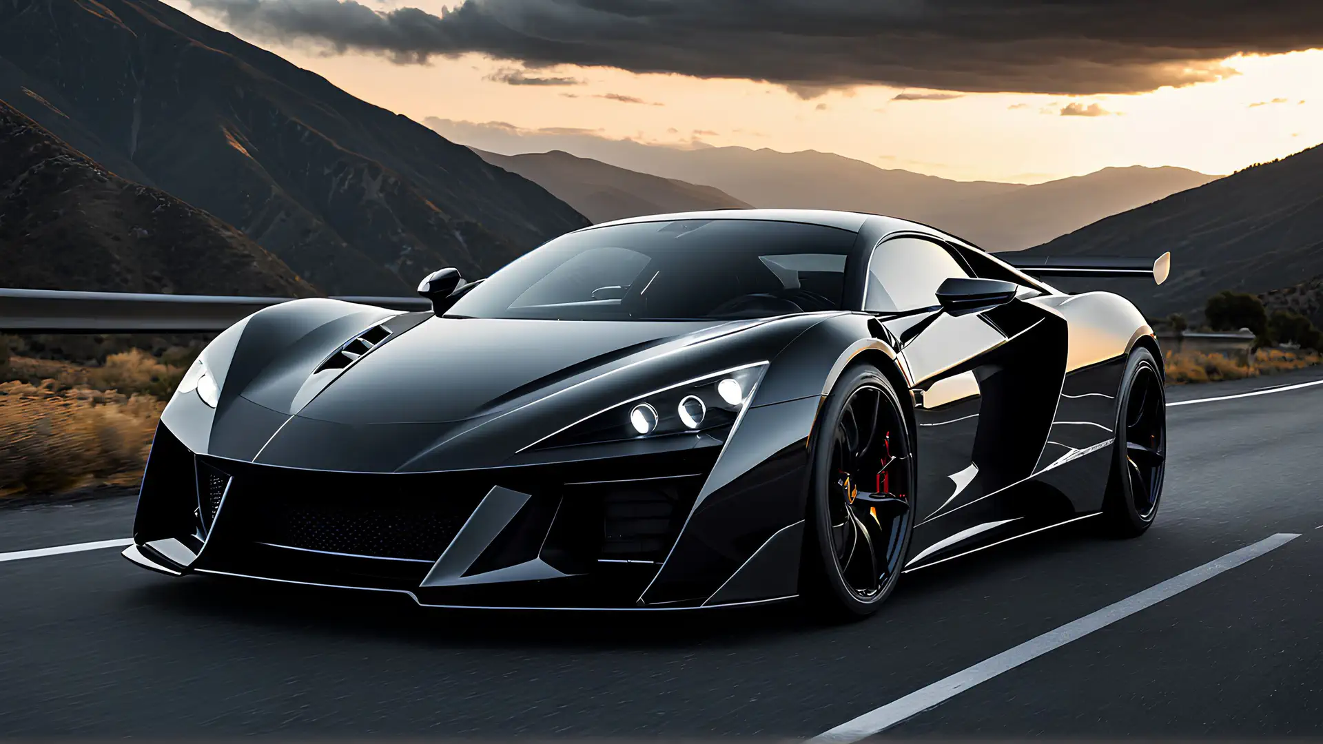 Matzwarte Hypercar met Rode Remklauwen op Spectaculaire Bergpas bij Zonsondergang