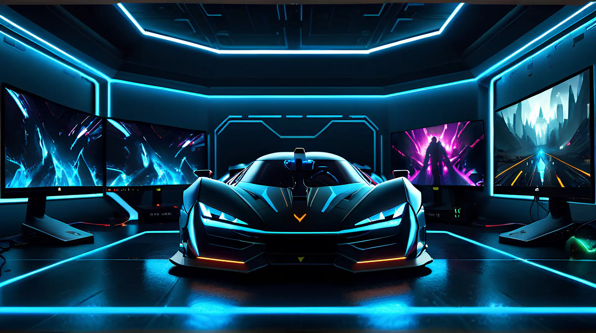 Futuristische Hypercar in High-Tech Gaming Ruimte 4K Wallpaper