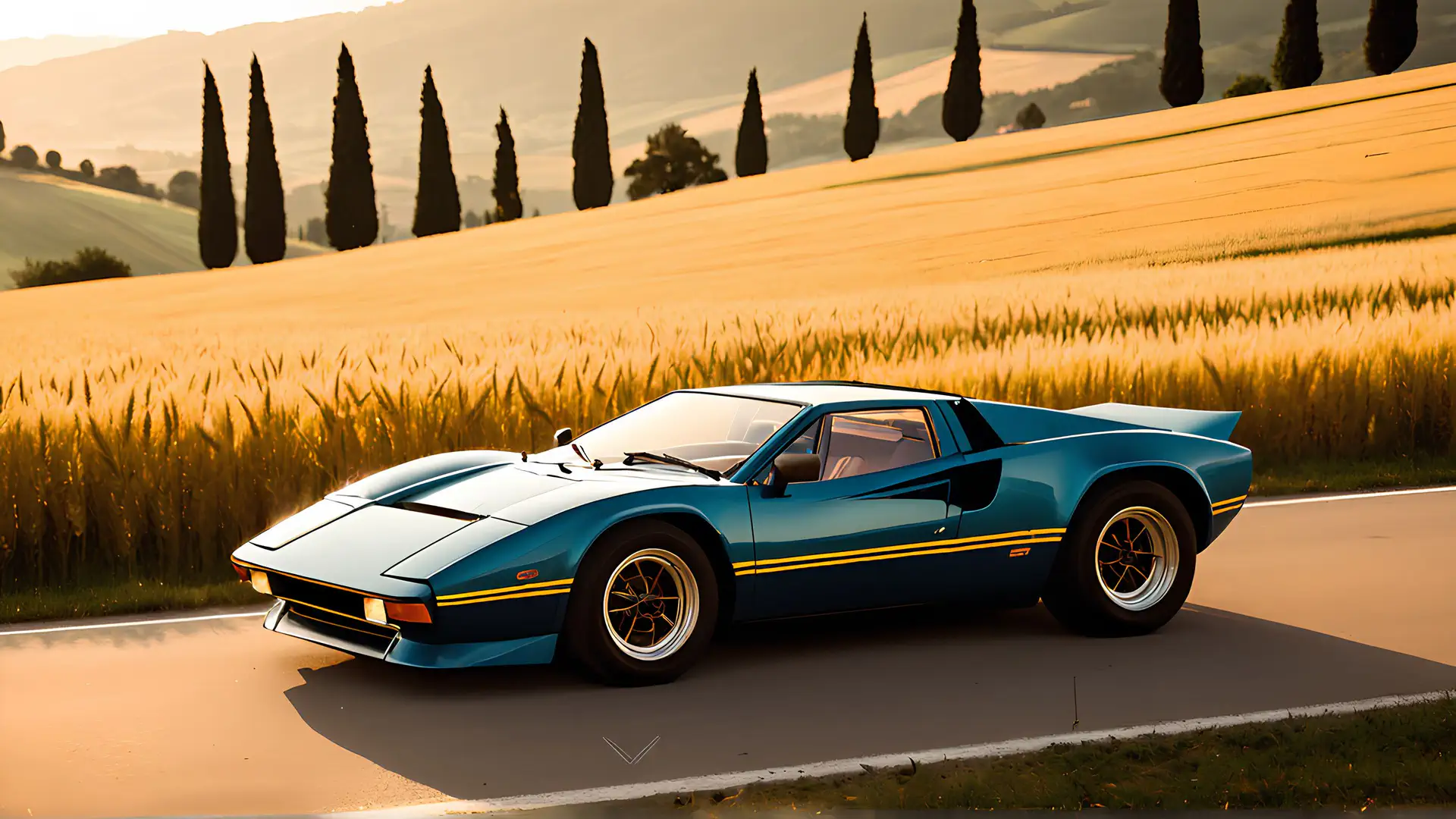 Blauwe Klassieke Sportwagen Toscaans Landschap Gouden Uur