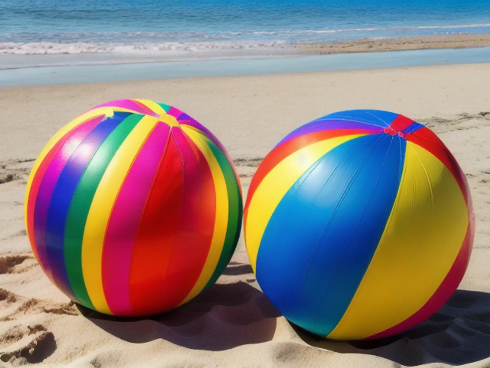 Kleurrijke strandballen op zonnig strand met azuurblauwe zee
