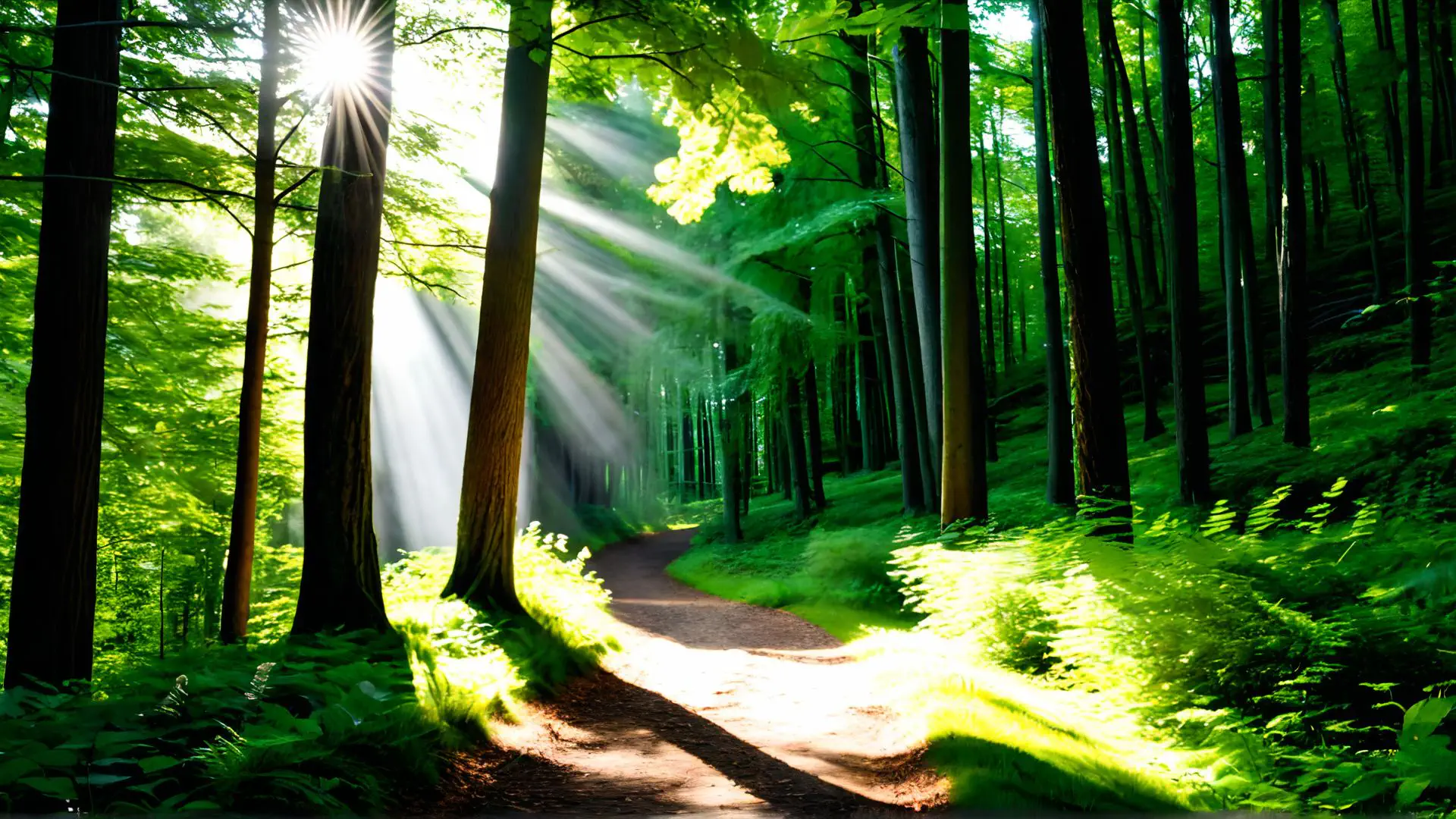 Magische zonnestralen in groen Nederlands boslandschap met wandelpad