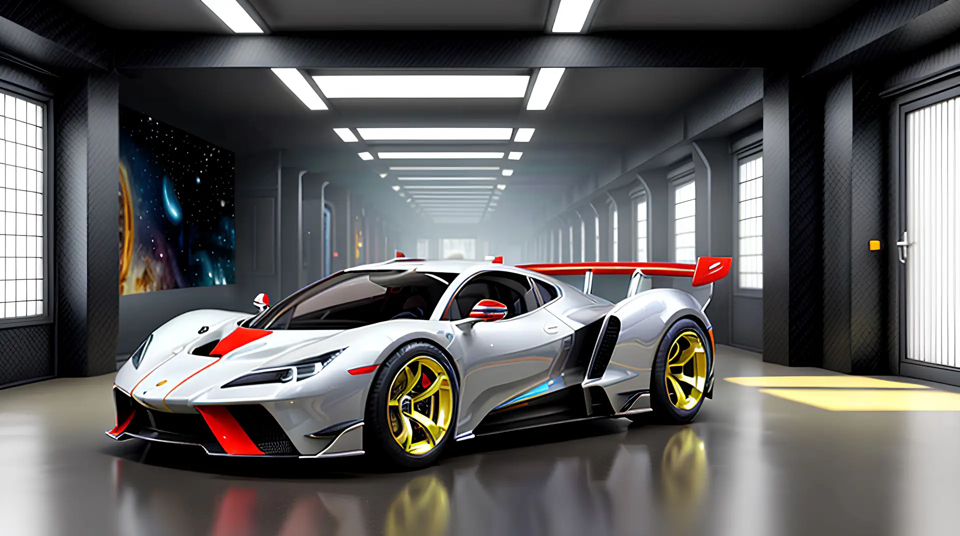 Witte Hypercar met Rode Racestrepen in Futuristische Garage 4K Wallpaper